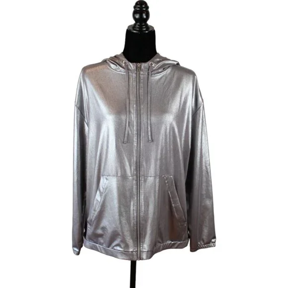 H&M Coachella Silver Sports Jacket Size Medium Zipper Hoodie Metallic D203 - Picture 9 of 14
